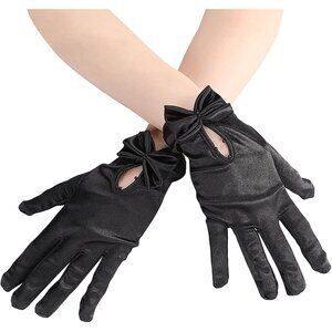 Women's Black-3 Short Satin Pearl Bow Wrist Gloves Bridal Wedding Party Prom